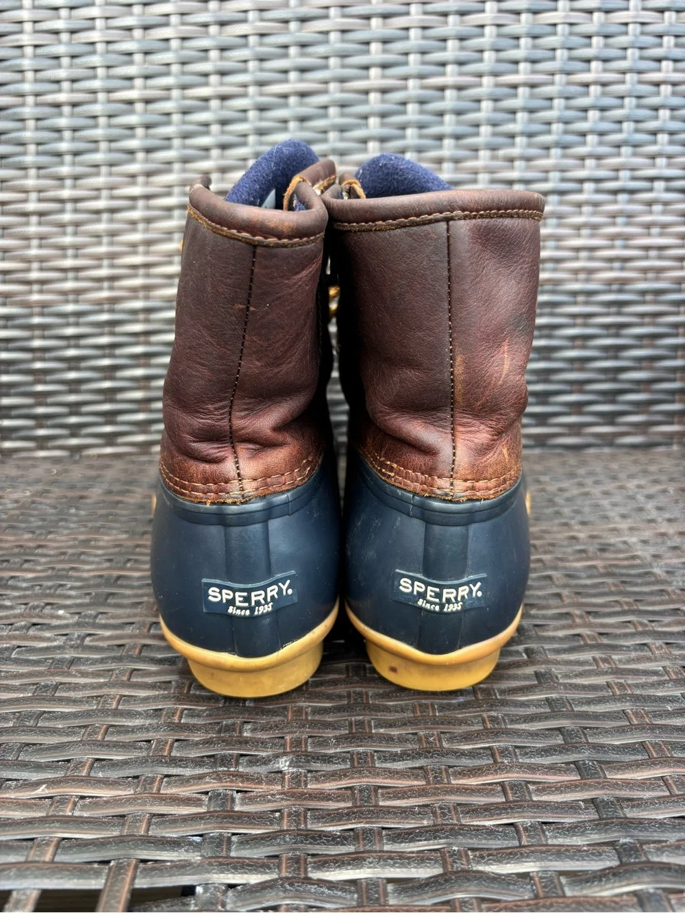 Women’s Sperry Satwater Ankle Duck Boots Brown/Navy Leather Rubber Size 9
